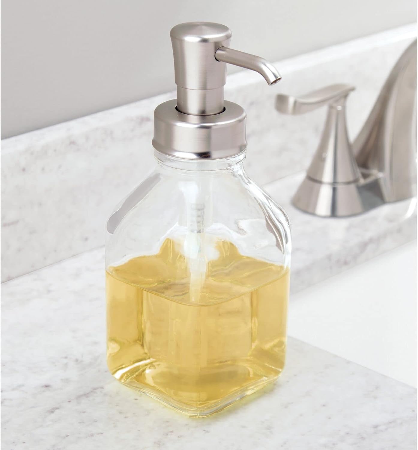 mDesign Square Glass Refillable Liquid Soap Dispenser Pump Bottle for Bathroom Vanity Countertop, Kitchen Sink - Holds Hand Soap, Dish Soap, Hand Sanitizer, Essential Oils - 2 Pack - Clear/Brushed