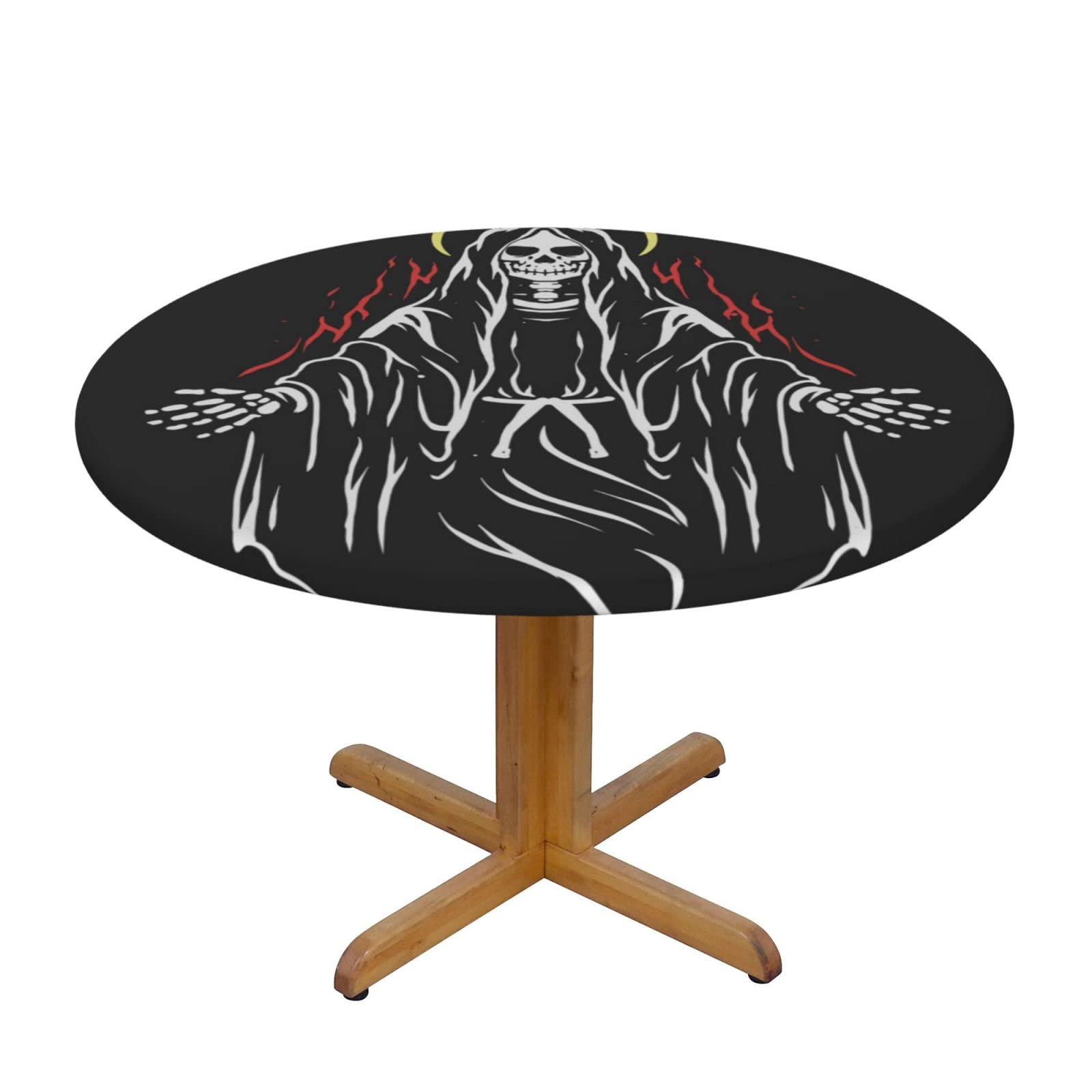 Lsjuee Round Fitted Tablecloth 40-44in Elastic Edged Table Cloth for Kitchen Dining Party Home Decor - Death Skeleton Angel Dark