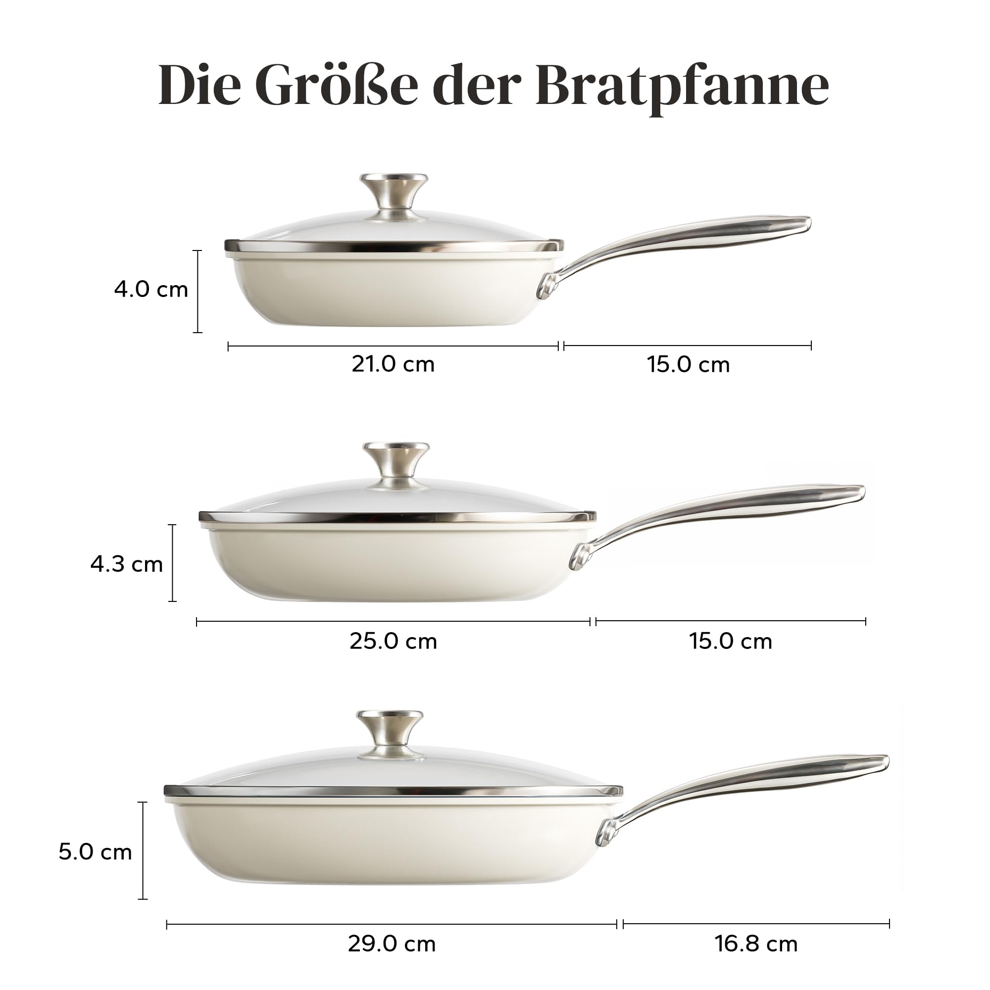 Redchef 6-częściowy zestaw patelni ceramicznych, do kuchenek indukcyjnych, nieprzywierające, 20, 24, 28 cm, z pokrywką, do wszystkich rodzajów kuchenek, uchwyt ze stali nierdzewnej, nie zawiera PTFE