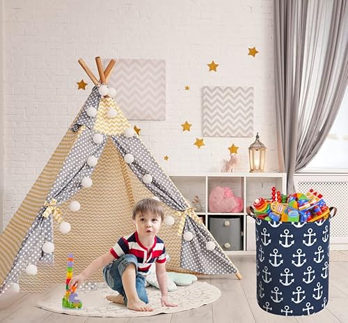 Sanjiaofen Kids Hamper,Collapsible Laundry Baskets,Waterproof Storage Baskets with Leather Handle,Nautical Decor,Toy Organizer (Navy Blue Anchor) - Image 2