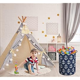 Sanjiaofen Kids Hamper,Collapsible Laundry Baskets,Waterproof Storage Baskets with Leather Handle,Nautical Decor,Toy Organizer (Navy Blue Anchor)