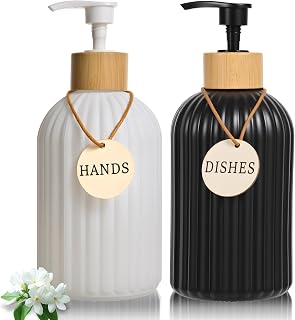 ViserVita 2 Pack 14.5oz Striped Glass Soap Dispensers with Bamboo Pumps - Refillable for Kitchen Sink & Bathroom Decor