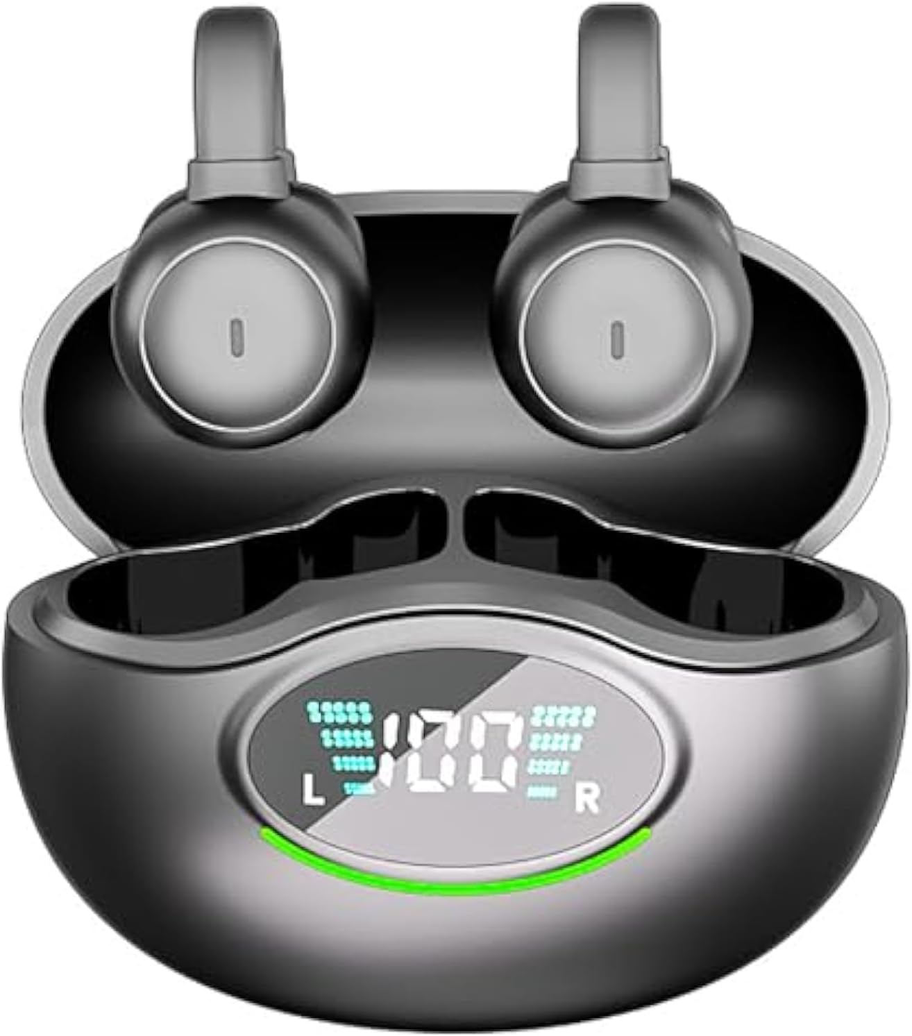 Open Ear Clip On Headphones, Bone Conduction Earphones Bluetooth 5.3, Wireless Earbuds Built-in Microphone, Over-Ear Buds, with Digital Display Charging Case, IPX7 Waterproof Fitness Headphones, Black