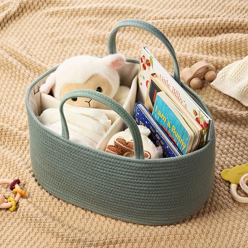 Image of Diaper Caddy Organizer, Empty Gift Basket for Newborn Essentials, Baby Storage Basket, Stylish Gift Bag for Baby Shower, Boys and Girls - Large, Sage Green