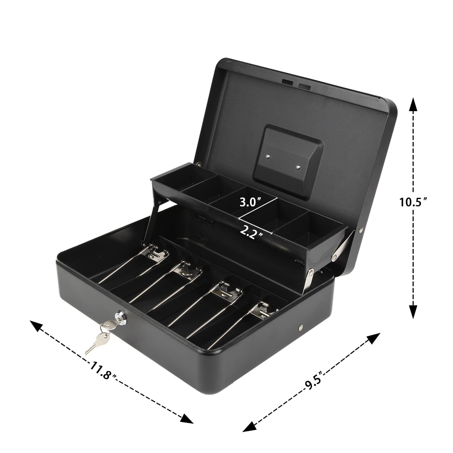 AARKRI SALES Steel Cash Box with Safe Key Lock | Tiered Money Coin Tray and Bill Slots | Portable and Compact | 2 Keys | Cash Box with Money Tray and Combination Lock Metal 4