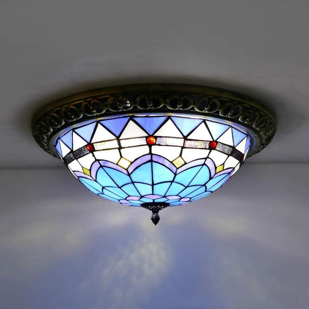 LITFAD Stained Glass Dome Flush Mount Ceiling Light for Tiffany Style Traditional Ceiling Lamp 3 Lights Mission Inverted LED Pandent Light for Bedroom Living Room Cloth Shop Blue - 16" Wide