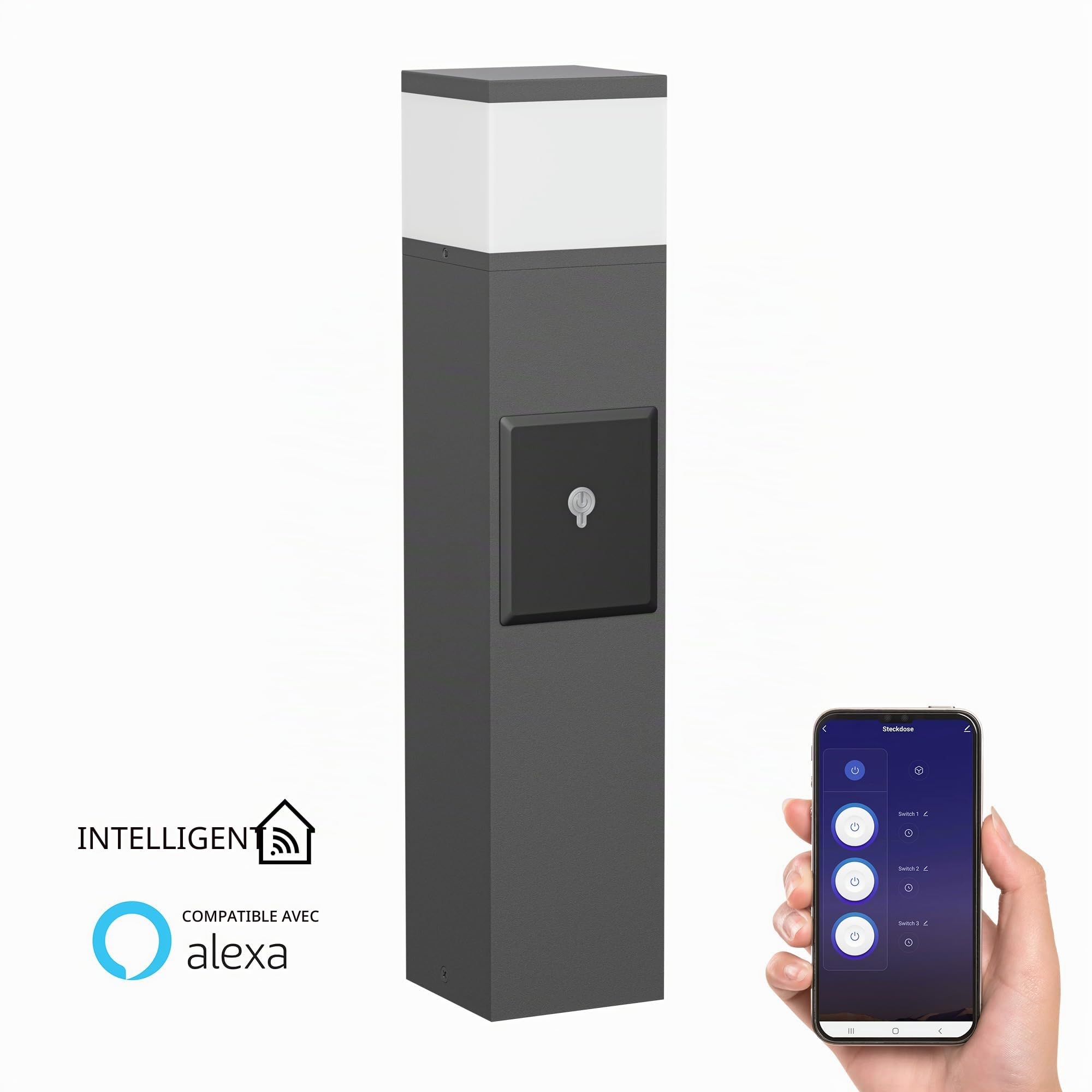 ledscom.de 2 lampes d'allée/bornes lumineuses PODEL pour l'extérieur, IP44, domotique, Wi-Fi, Alexa, 39 cm, anthracite, 1 ampoule G9 max. 10 W, 2 prises