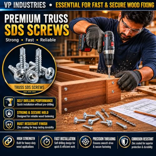 Image of Rely⇒VP INDUSTRIES (Pcs-50) No.8x50 mm Truss Phillips Self-Drilling Screw - White Zinc Coated Carbon Steel, Ideal for Metal, Wood, Plywood, Cabinets, Furniture & DIY Projects