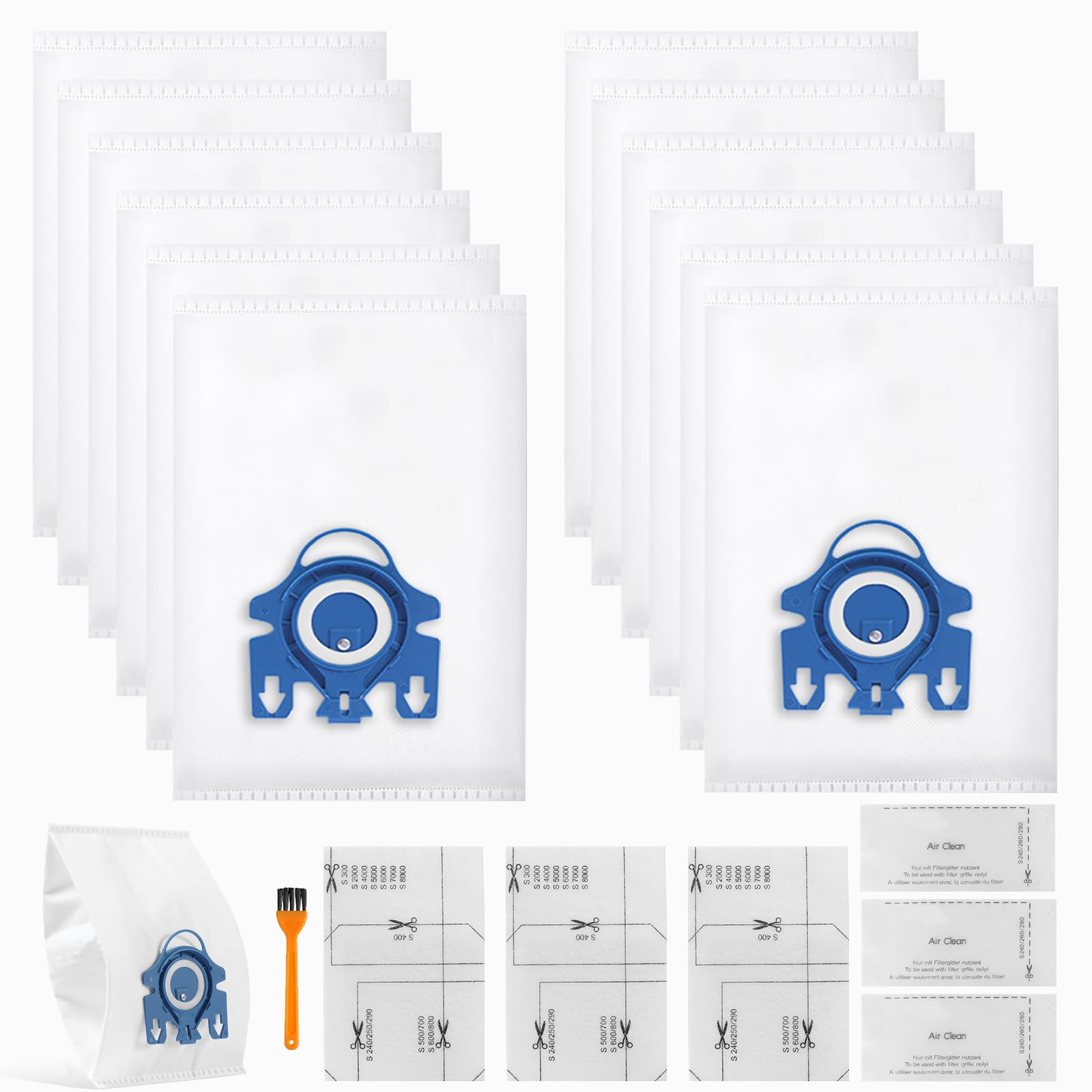 12 Packs 3D Airclean Bags Replacement for Miele GN Vacuum Classic C1 Complete C1 Complete C2 S227 S240 S270 S400 S2 S5 S8 Series with 3 Motor Protection Filters, 3 AirClean Filter