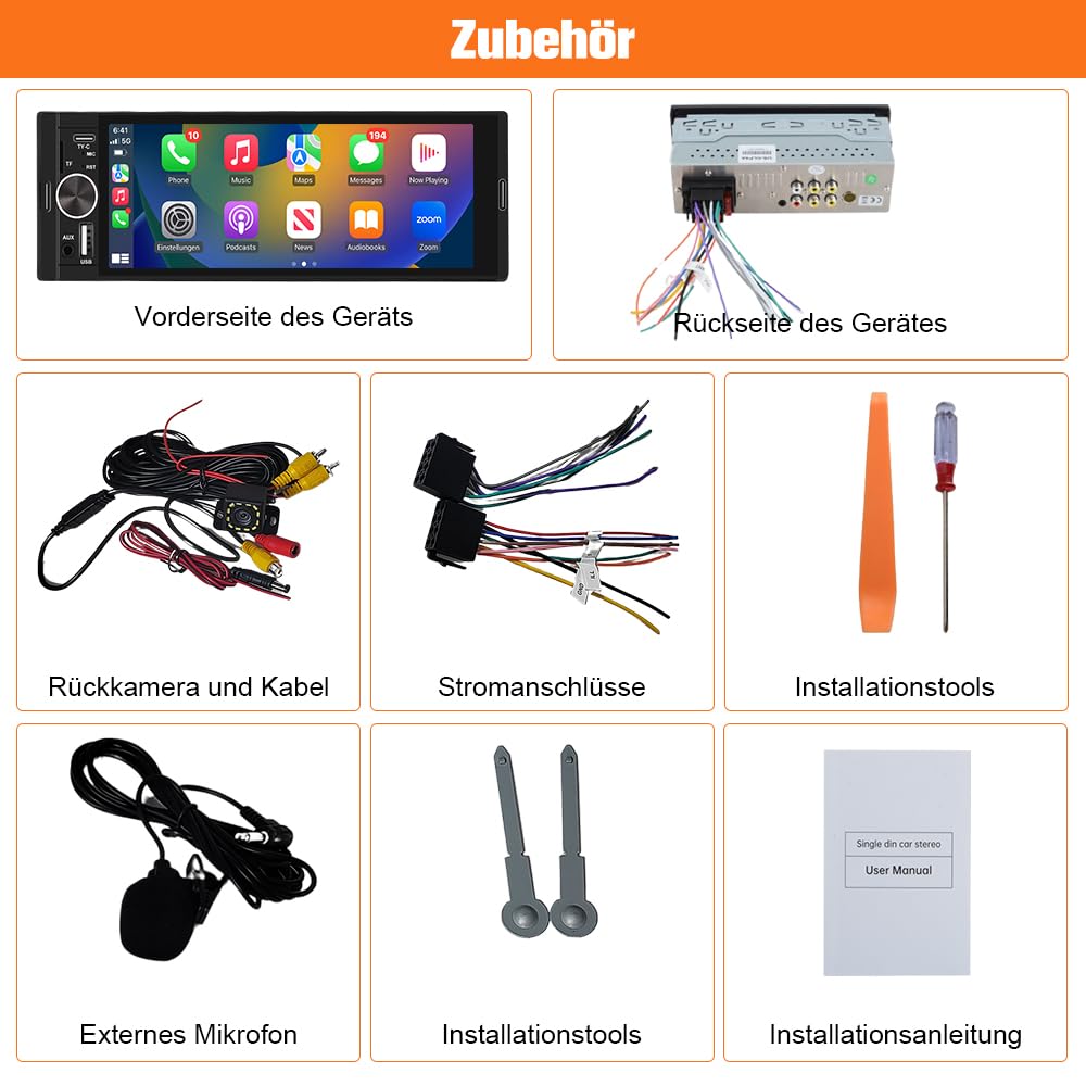 Junsun Smartes 1 DIN Autoradio mit 6,36 Zoll Touchscreen, Wired and Wireless CarPlay und Android Auto, Lenkradsteuerung, Rückfahrkamera, SD Slot USB Anschluss, externes Mikrofon