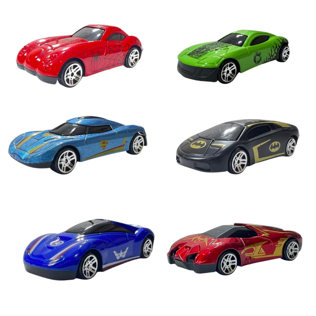 PLUSPOINT 6 Pack Die cast Metal Super Hero Toy Cars Set Alloy Push N Go Vehicles, Mini Racing Cars, Kids Play Set, Die-Cast Car Set Gift Set for Kids (B0B6Q2LCXJ) Amazon Price History, Amazon Price Tracker