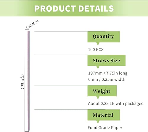 Miniatura 9 de Pajitas de papel dorado metálico, pajitas de papel dorado de aluminio, pajitas de papel desechables a granel 100 para cócteles, palitos de pasteles,
