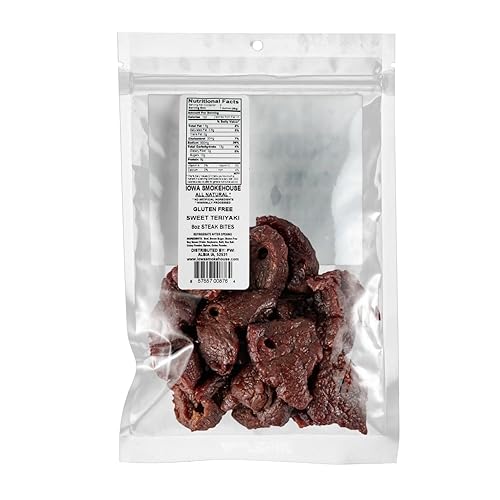 Miniatura 8 de IOWA SMOKEHOUSE Bocaditos de bistec, pimiento rojo, bocadillo de carne tierna de pepita, totalmente natural y sin gluten, 0.23 onzas de proteínas,