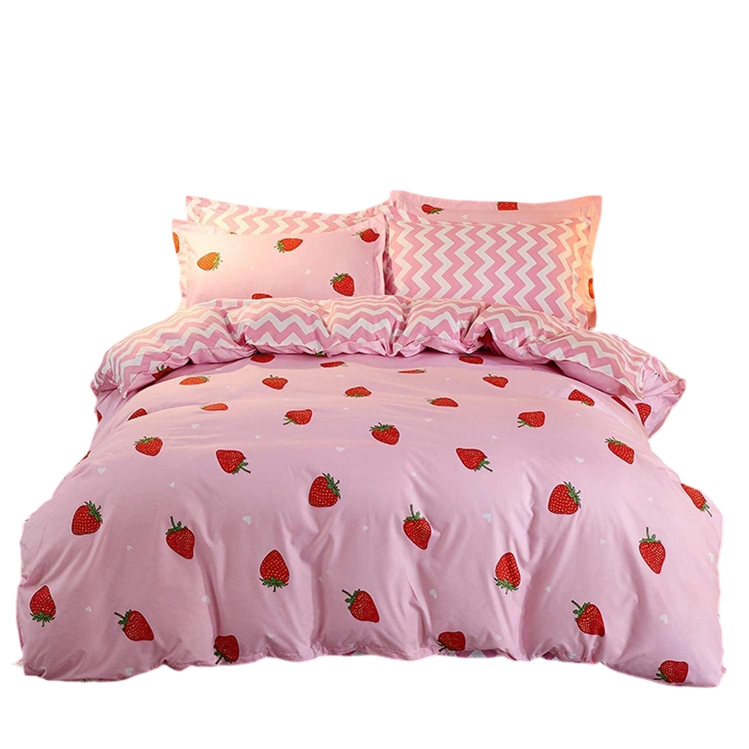 Homewish Bedding Strawberry Comforter Cover Set Girls Women Kids Kawaii Room Decor Pink Strawberry Decor Bedding Sets Soft Reversible Stripe Print Kawaii Decor Bedding King Size
