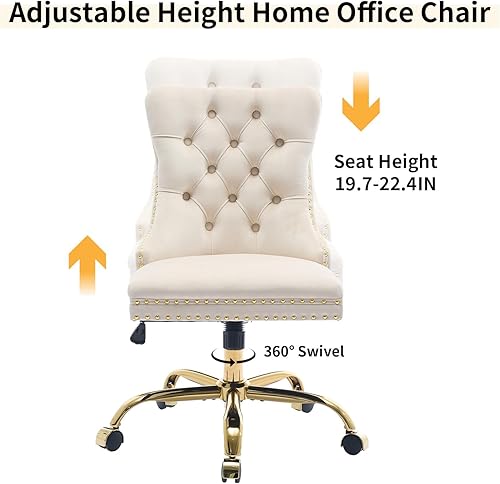 Vista 6 de Beige Velvet Home Office Desk Chair with Wheels & Gold Base, Cute Makeup Vanity Chair with Tufted Back for Women Girls, Upholstered Adjustable Beige