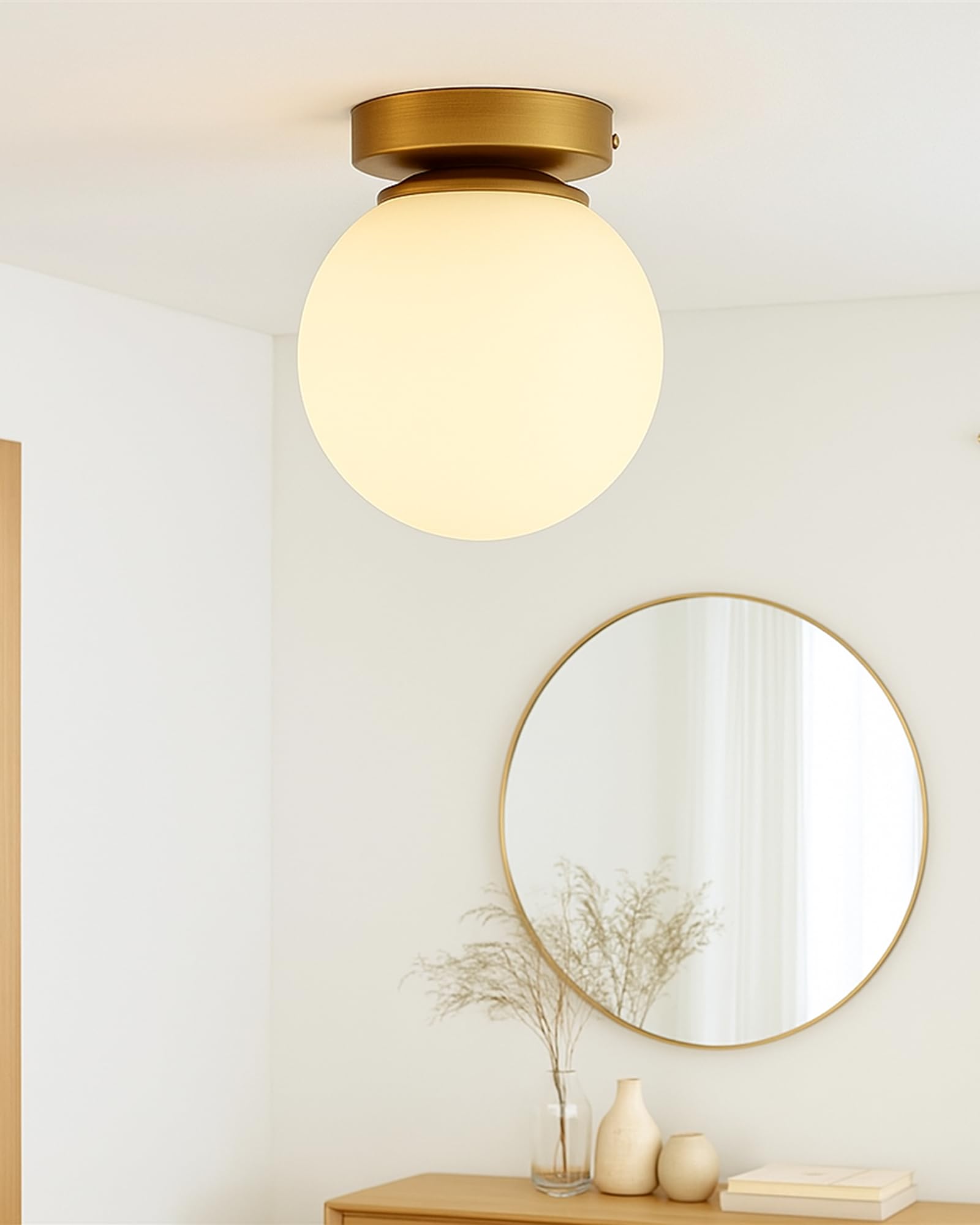Mid Century Modern Flush Mount Ceiling Light Fixture, Gold Color Glass Globe Shade (6 inch)
