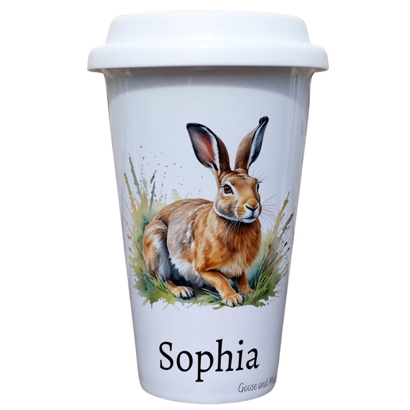 Personalised Hare Travel Mug, Gift for Wildlife Lover, Thank you present for Animal Spotter, Hot Drinks Flask, Insulated Coffee Cup