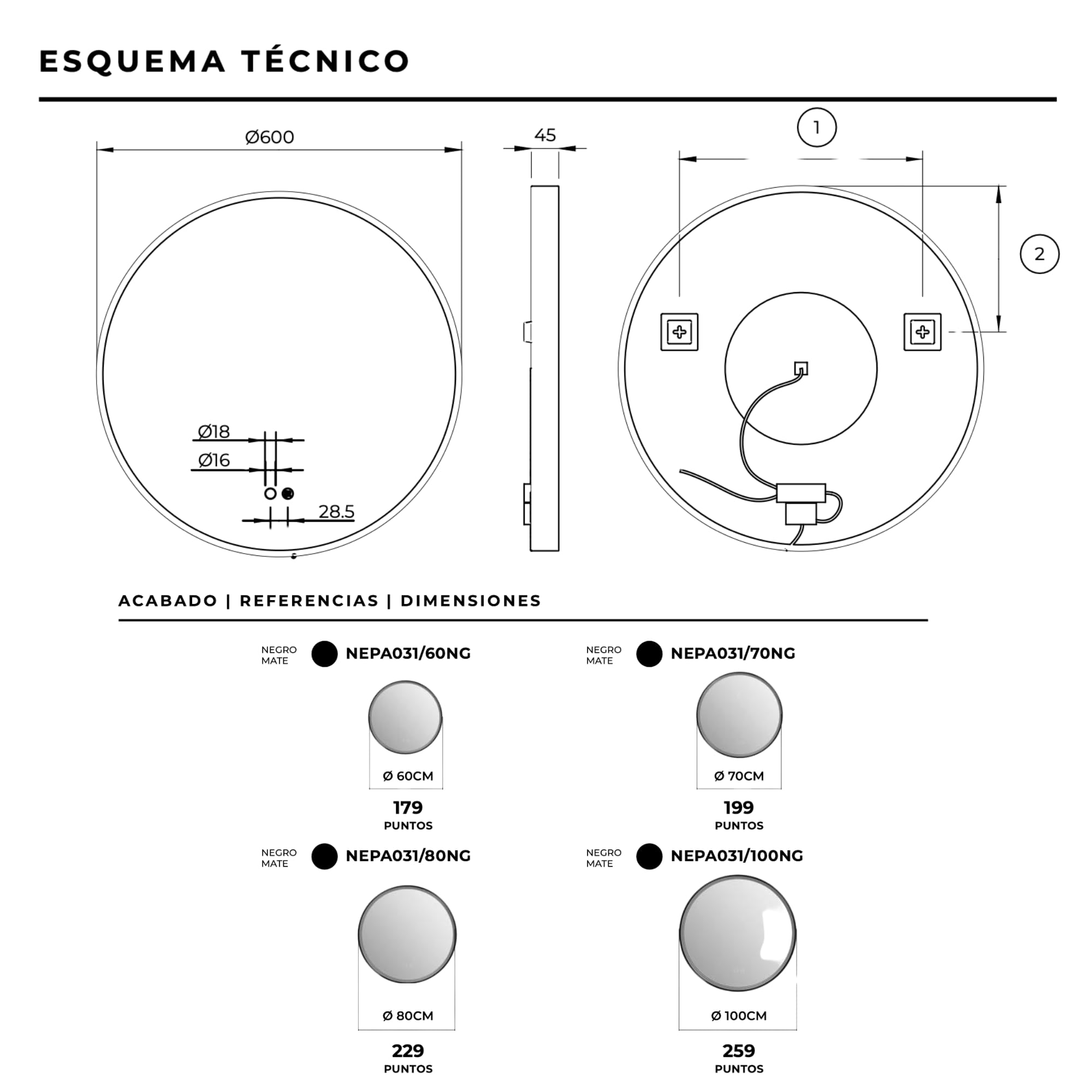 LEDIMEX - Espejo Redondo Baño con Luz LED 100cm, Sensor Antivaho y Marco Negro Mate | Espejo Inteligente Pared con Luz Perimetral Tri-LED (Cálida, Neutra y Fría) y Sensor ON/OFF | Serie Nepal