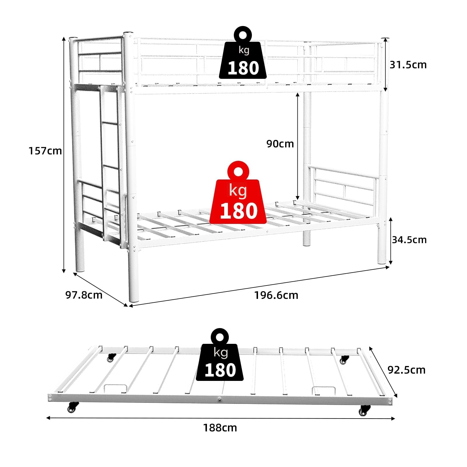 OKMYHOME Litera Convertible 90 x 190 cm – Cama infantil con escalera y guardaespaldas silenciosos, hierro – Sin colchón – Blanco