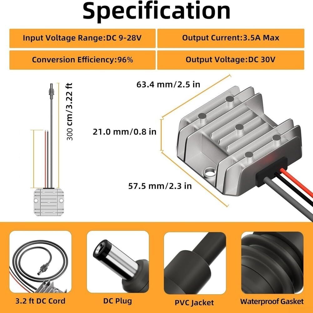Convertitore DC-DC 30 V 3,5 A 105 W, IP68 impermeabile per Starlink per Mini, alimentatore di rete da 12 V/24 V a 30 V con cavo, alloggiamento in alluminio per camion, camper, campeggio
