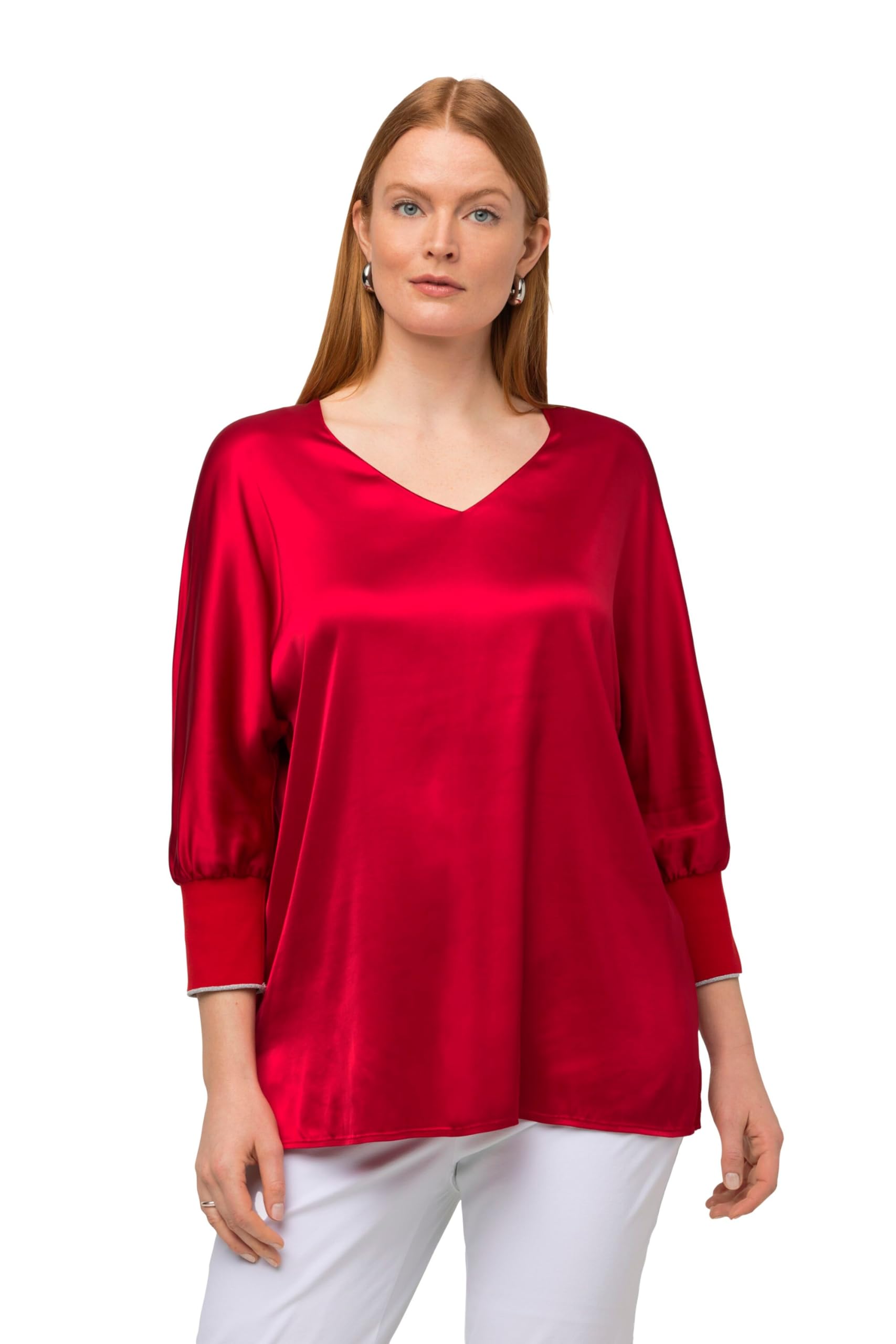 Ulla Popken Damen große Größen Übergrößen Plus Size Bluse, Satin, V-Ausschnitt, 3/4-Fledermausärmel 819528