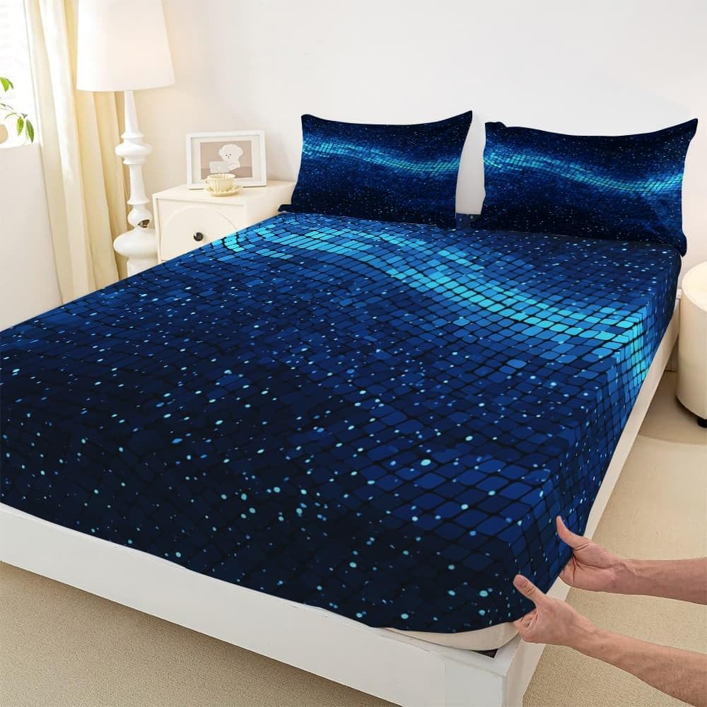 Lot de 3 Draps Housses 200x200x30 cm 2 Personnes Lit GéOméTrie du Ciel éToilé De Science-Fiction avec 2 Taies d'oreillers, Doux et Respirant Linge de Lit Draps Housses Bleu Foncé pour Enfant Adulte