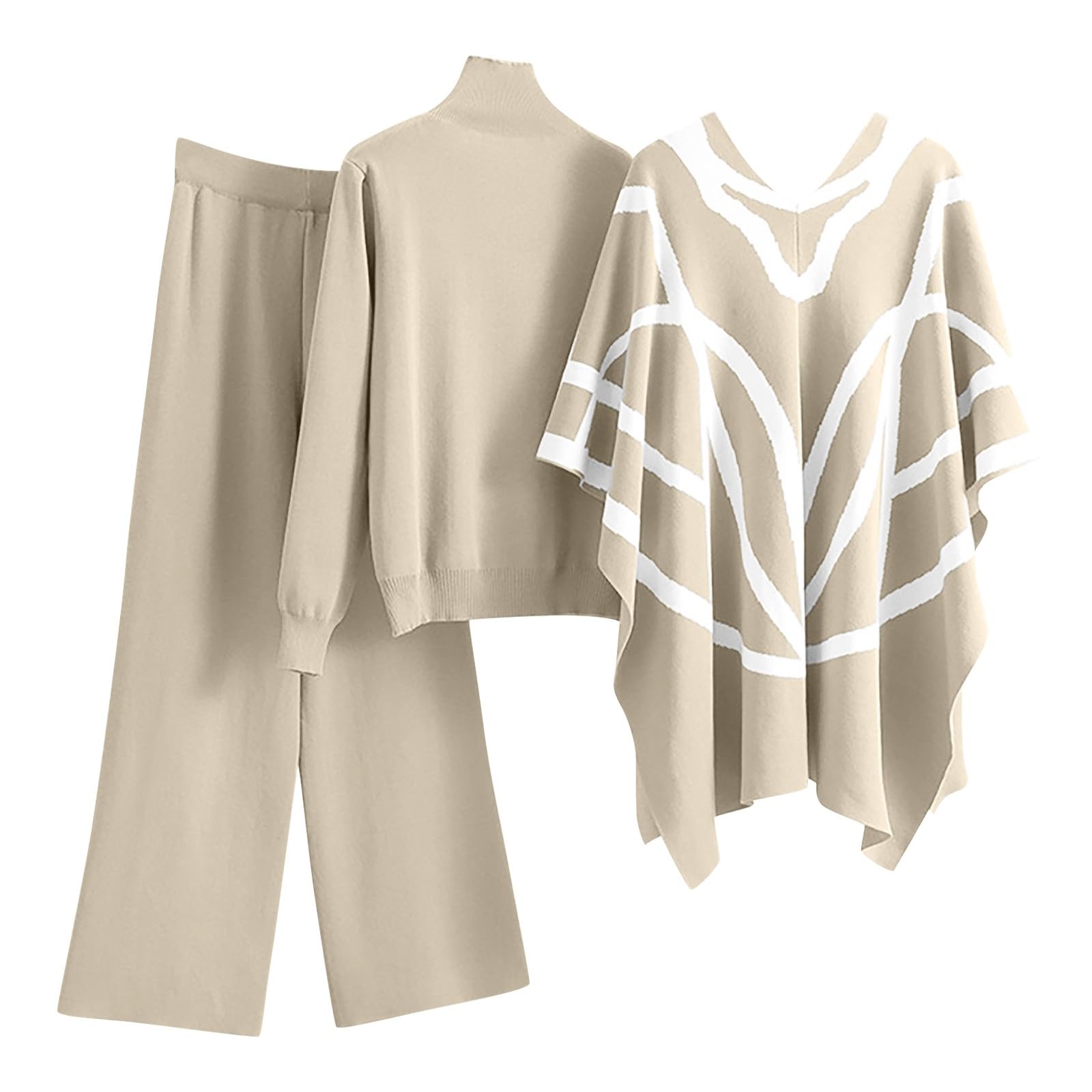Hosenanzug Damen Elegant 3 Teiler Winter Strickanzug Damen Set 3 Teilig Rollkragen Hausanzug Kuschelig Strick Anzug Frauen Gestricktes Weites Bein Freizeitanzug Inkl. Pullover, Hose und Mantel
