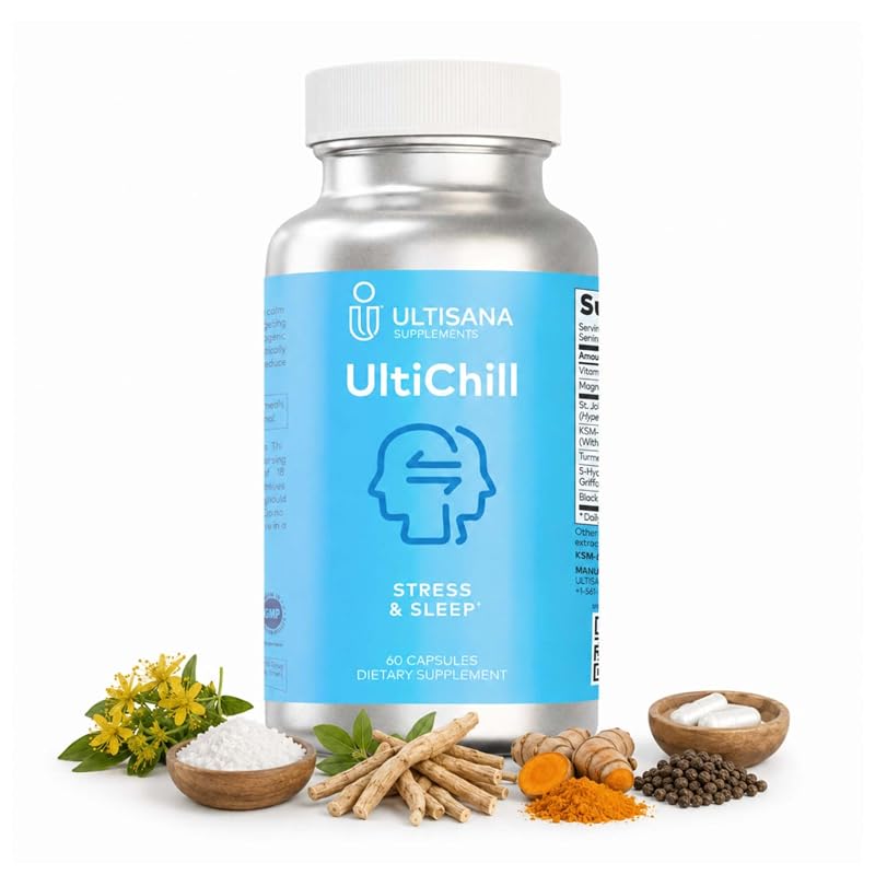 Ultisana Suplemento para o Sono com Ashwagandha KSM-66, Magnésio Glicinato, Vitamina B6, Cúrcuma, Pimenta-Preta e 5-HTP, 60 cápsulas