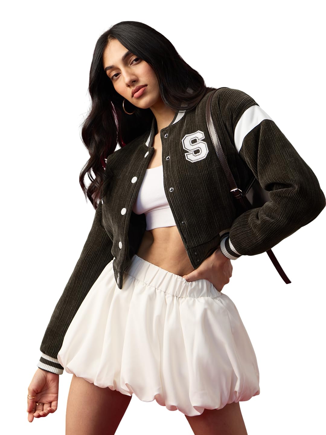 the souled store Chocolate Women and Girls Full Sleeves Band Collar Snap Button Front Brown Solid Corduroy Streetwear Casual Style Oversized Fit Varsity Jacket-picture-38