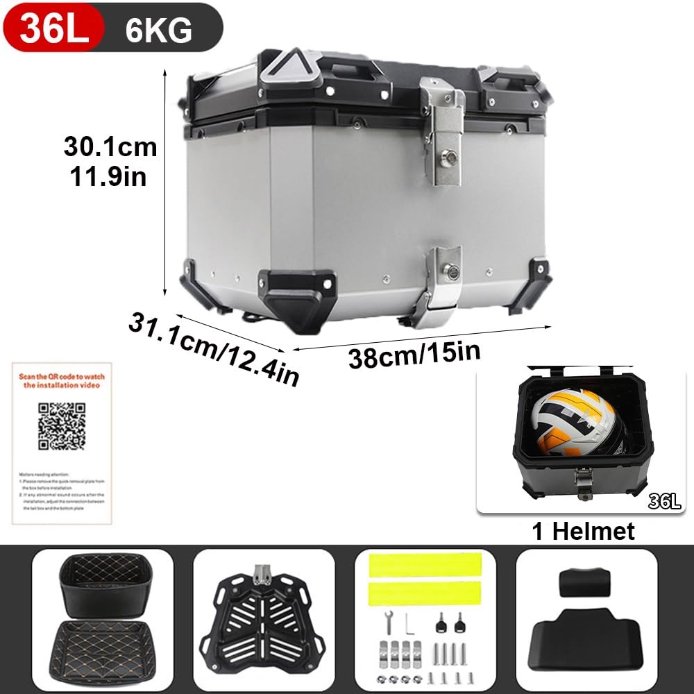 Valise pour Moto Top Case Moto avec Serrure De Sécurité 28L 36L 45L 55L 65L 80L 100L Aluminium Valise Topcase,Coffres De Moto pour Casque (Color : Silver, Size : 36L)