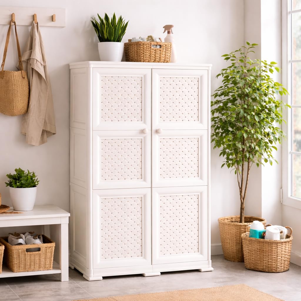 Armadio in Plastica 79 x 43 x 125 cm con Ante Traforate – Mobile Contenitore Verticale Salvaspazio per Zona Living e Organizzazione Casa (Angora)