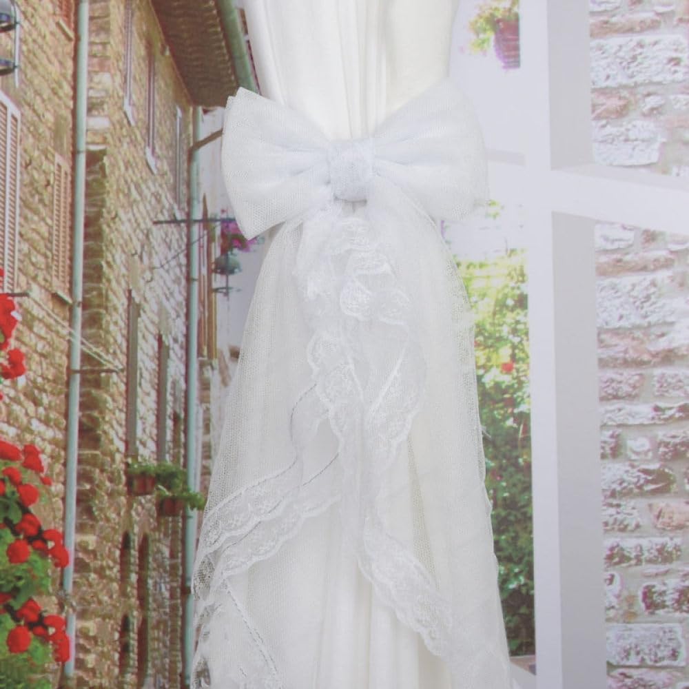 qbodp 2 Pack Bow Curtain Tiebacks Aesthetic Lace Ribbon Tie Backs for Drapery, Wedding Venue Decorative Curtain Straps for Girl Room, White, 35cm*13cm