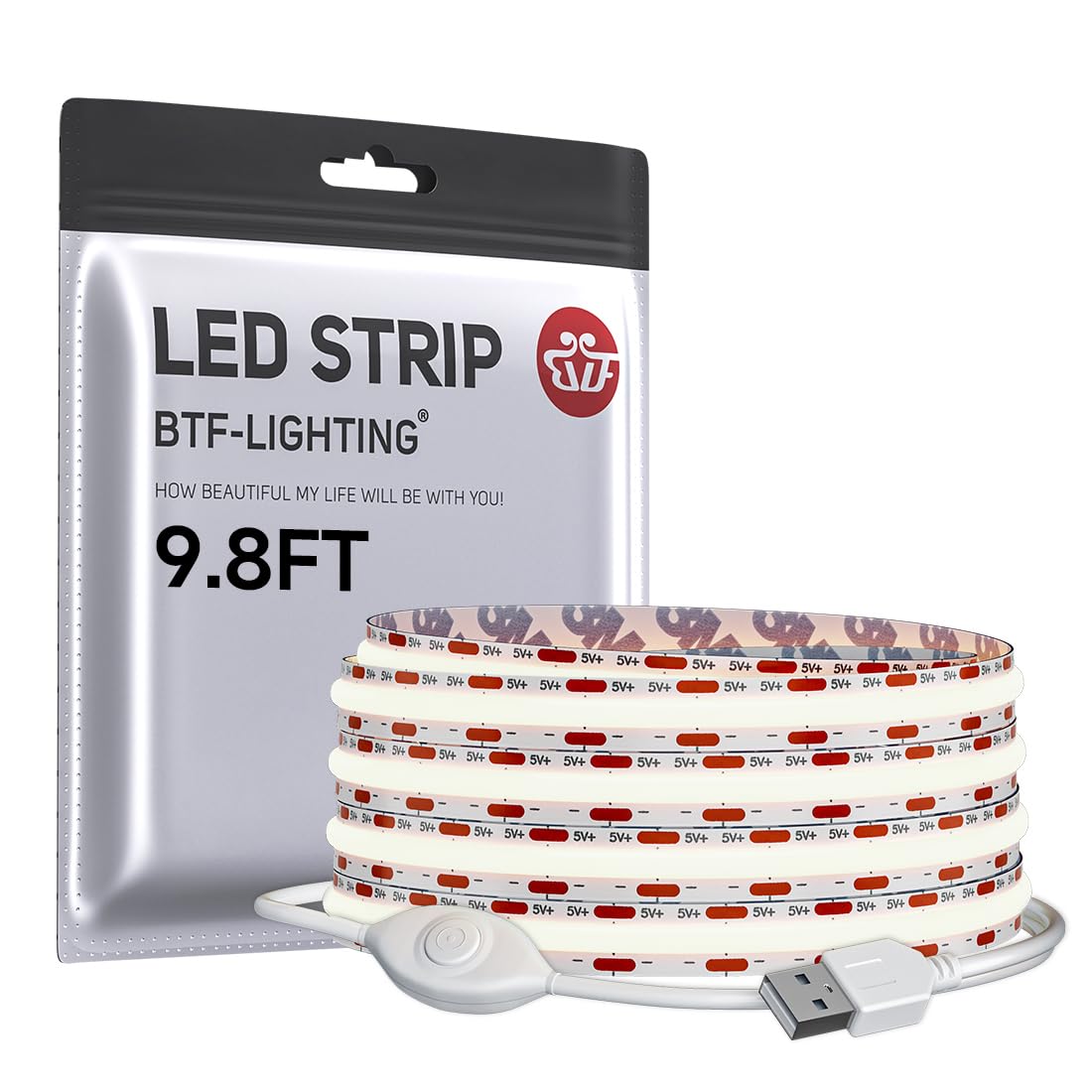 BTF-LIGHTING FCOB COB LED Strip Lights 5V USB Powered Natural White 4000K