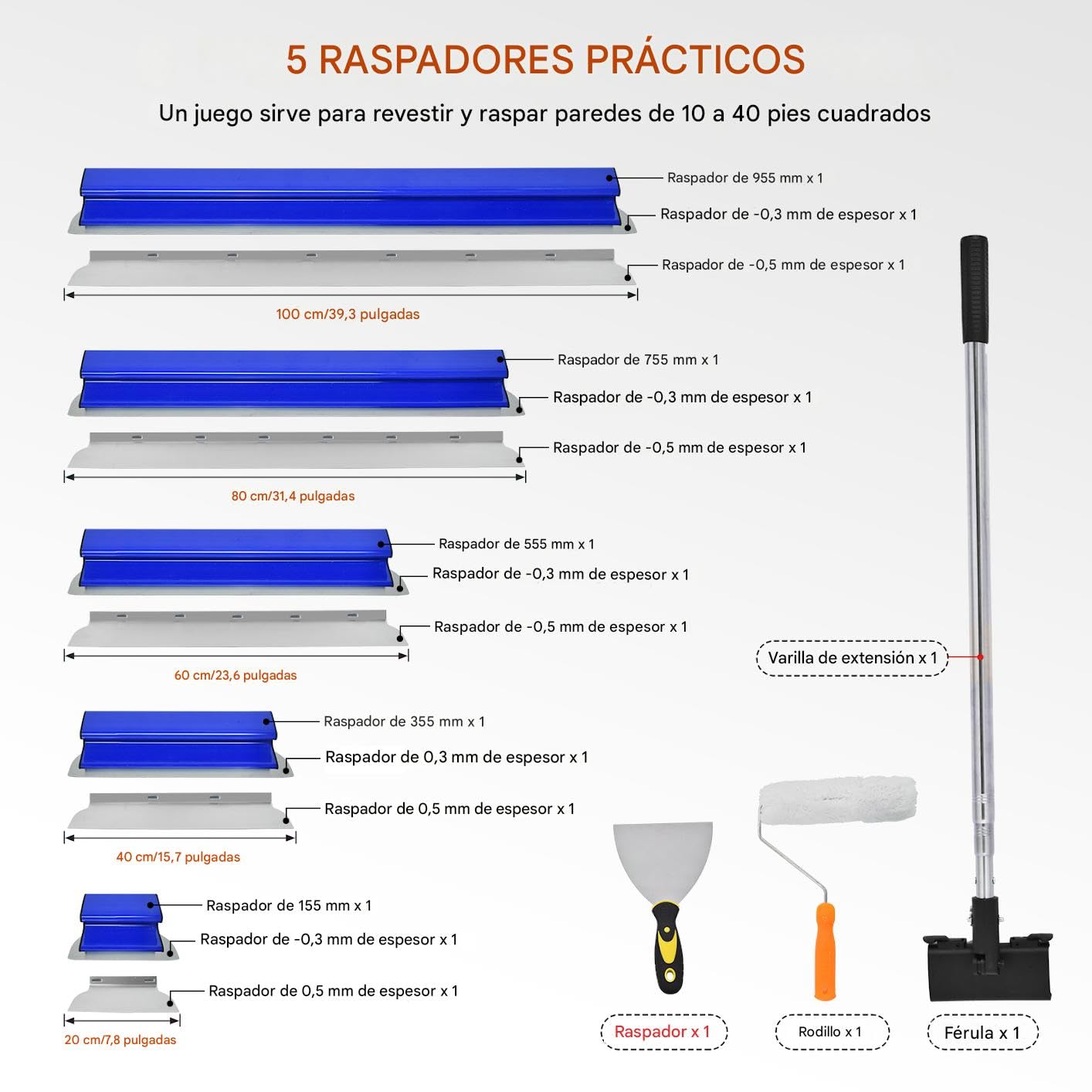 Juego de espátulas de superficie con barra telescópica ajustable de 86cm-207cm Llana para alisar paredes con 20/40/60/80/100cm Espatulas pladur fabricado en acero inoxidable (0,3/0,5 mm de espesor)