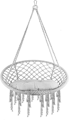 31.5 * 15.7in Hammock Chair Macrame Swing, 360lbs Max Capacity Bohemian Style Hammock Swing Chair with Tassels, Porch Swing Chair Handmade Knitted