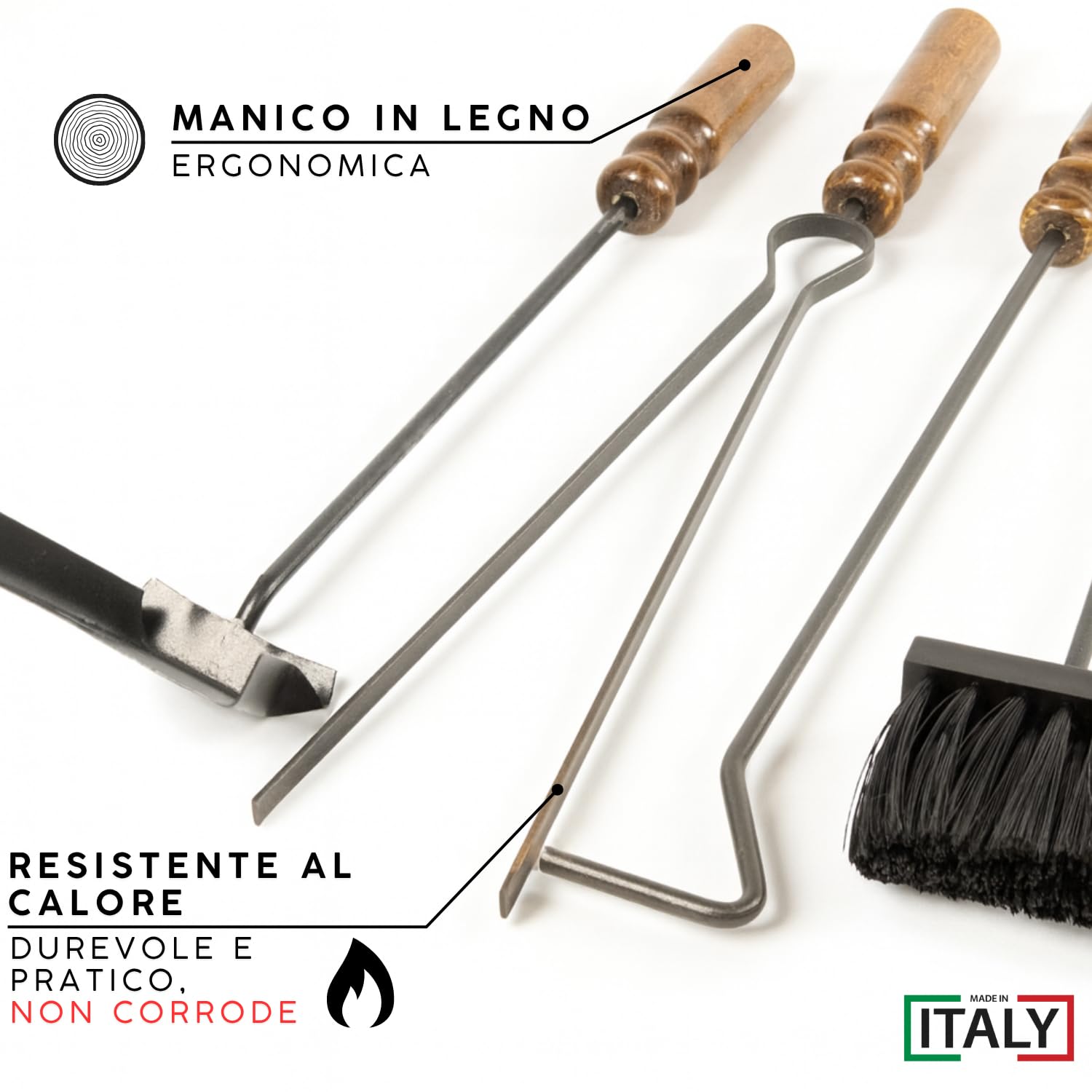 MOHOME Set Camino Attrezzi Kit 5 Utensili 60x25x15 cm Made in Italy Resistenti al Calore Scopino Attizzatoio Paletta Pinza Portattrezzi Accessori Caminetto Stufa a Legna con Manici in Legno Ergonomico
