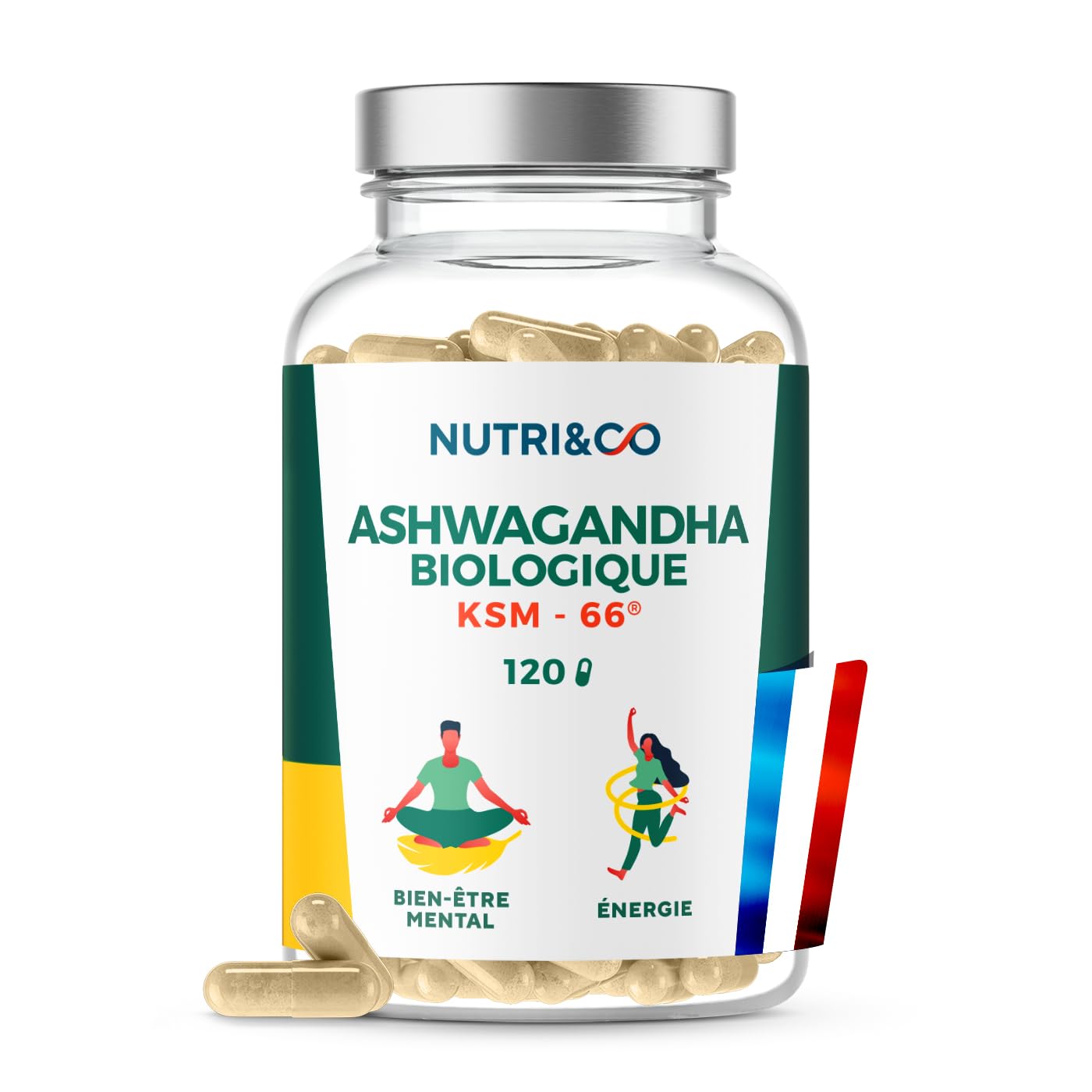 NUTRI & CO Ashwagandha BIO KSM-66® Breveté - Extra Fort 1200mg 5% Withanolides - 120 gélules Vegan - Extrait 100% Pur - Fabriqué en France