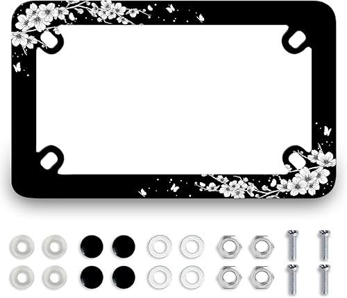 Marco de placa de matrícula de motocicleta de flor de cerezo blanco y negro, soporte de etiqueta de mariposa de acero inoxidable, 4 agujeros,