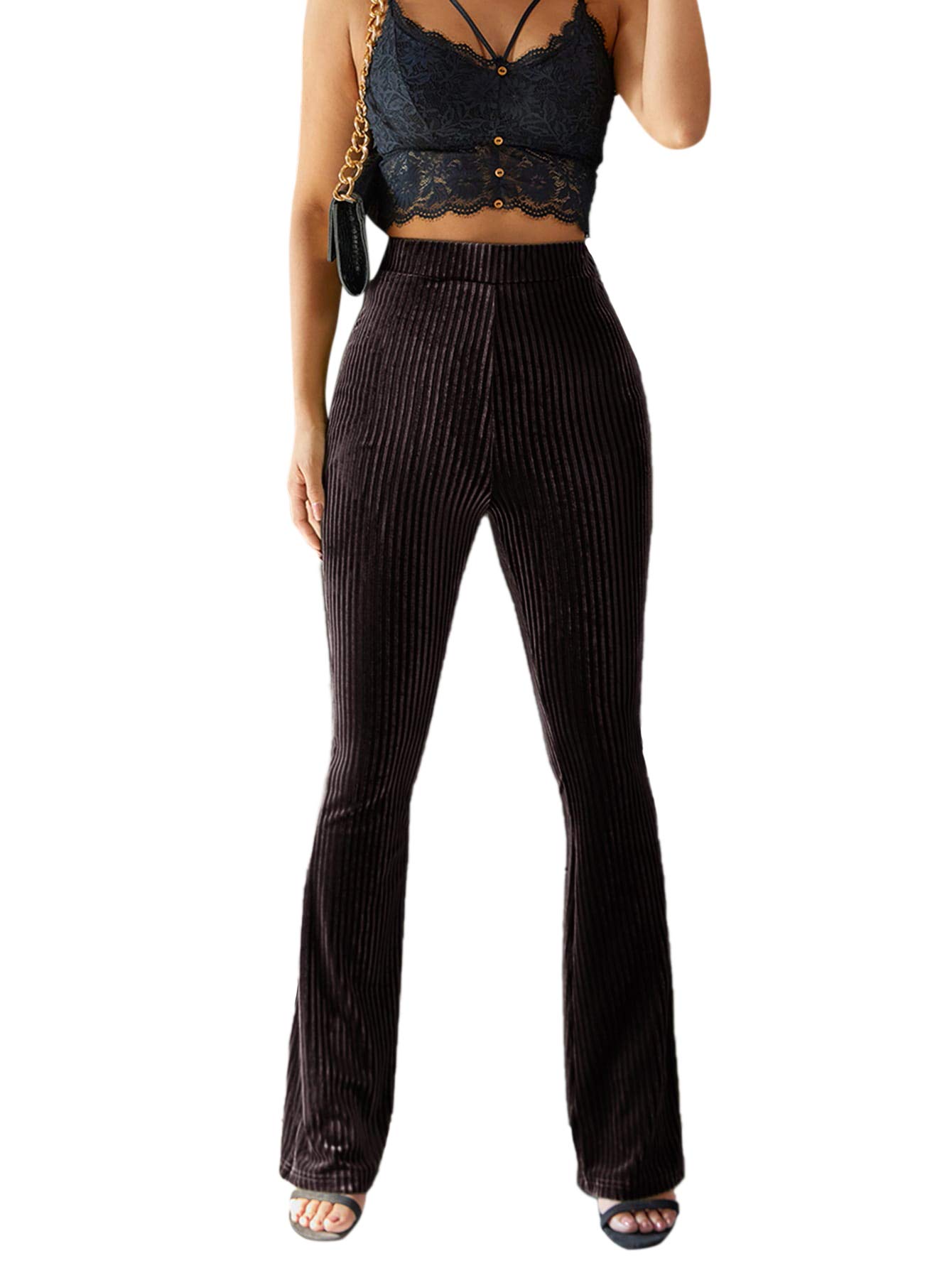 FloernsWomen's Velvet Elastic Waist Flare Leg Palazzo Long Pants Trousers