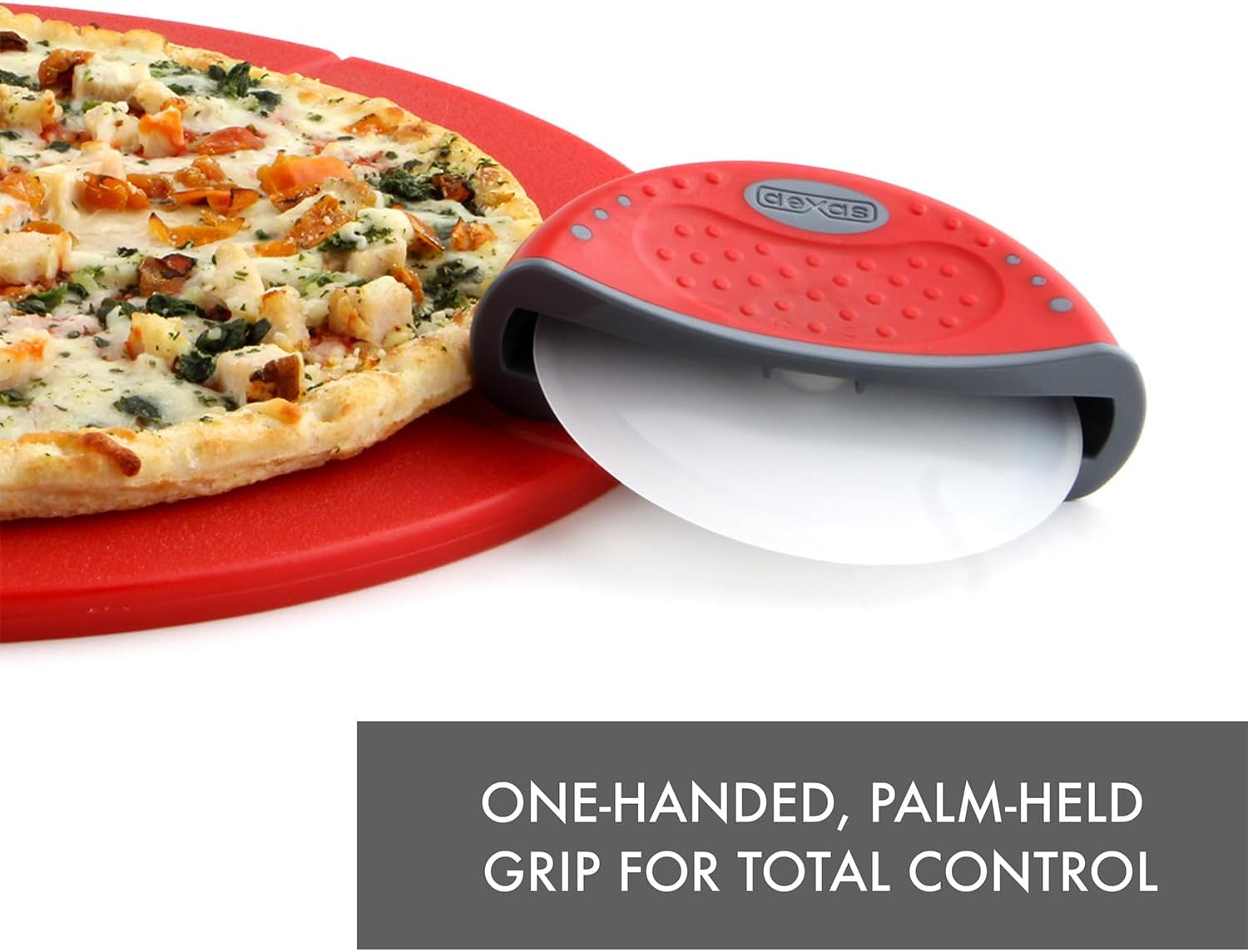 Dexas One-Handed Rolling Pizza Cutter, 4 Inch Nylon Wheel, Ergonomic Handheld Pizza Slicer, Red