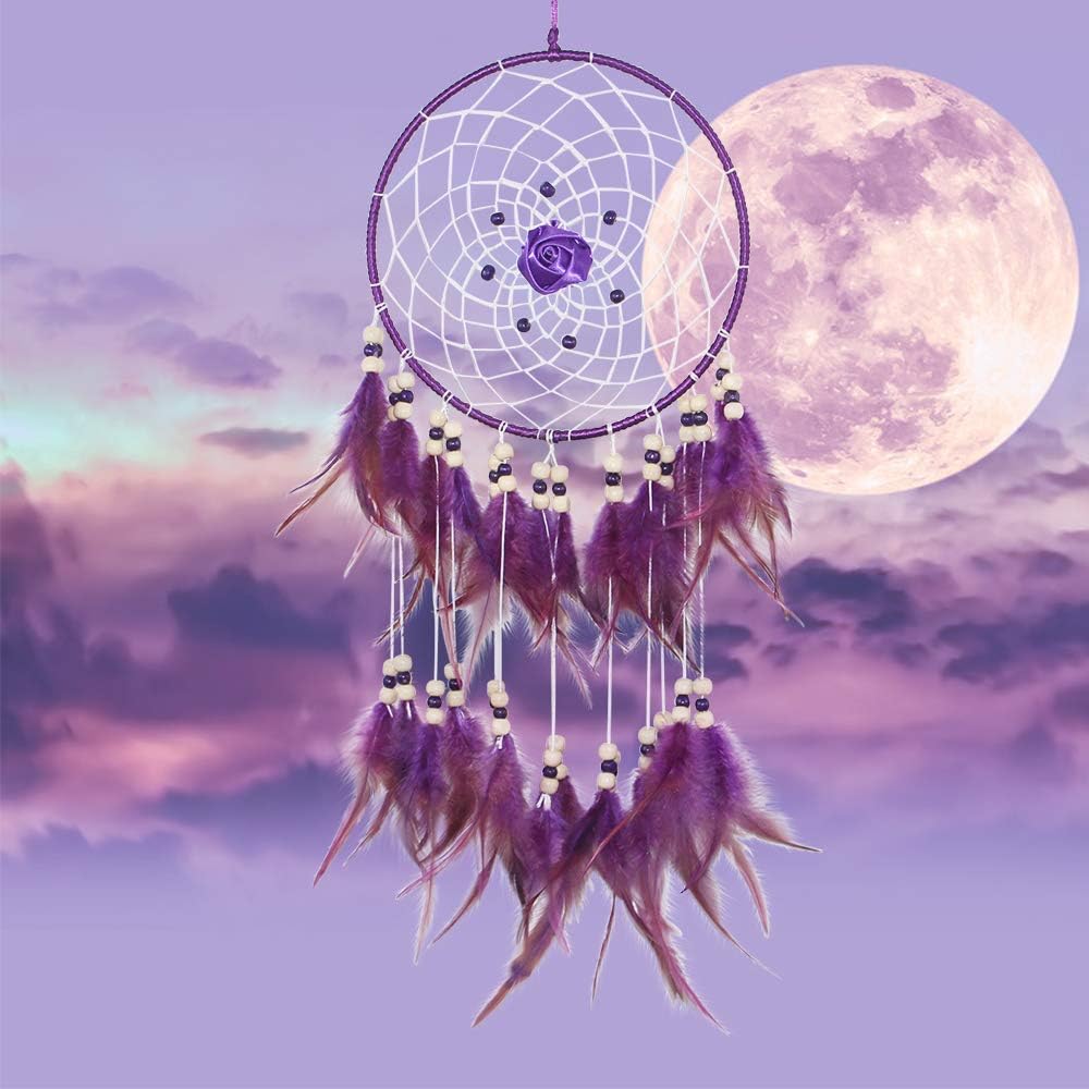 SIKEMAY Purple Dream Catcher - Handemade Feather Wall Hanging Home Decoration for Living Room Decor Dreamcatcher - Purple Exquisite Rose Feather Beaded Large Size