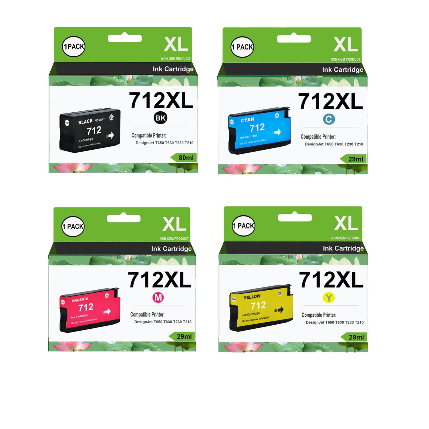 ASANSH 712 712XL 712 XL Ink Cartridge Use for DesignJet T650 T630 T230 T210 Studio Plotter Printers (BK: 80ml C/M/Y: 29ml)
