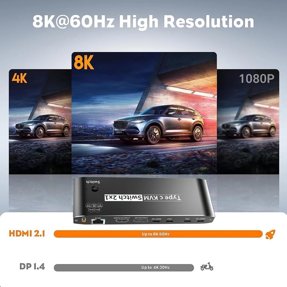 Image of MICROWARE 2X1 USB-C KVM Switch 2 PCs Share 1 Monitor + 3 USB Devices + 3.5mm Audio, 8K@60Hz USB C KVM Switch 100W PD, 2 Channel Type C PC to one HDMI /DP Output