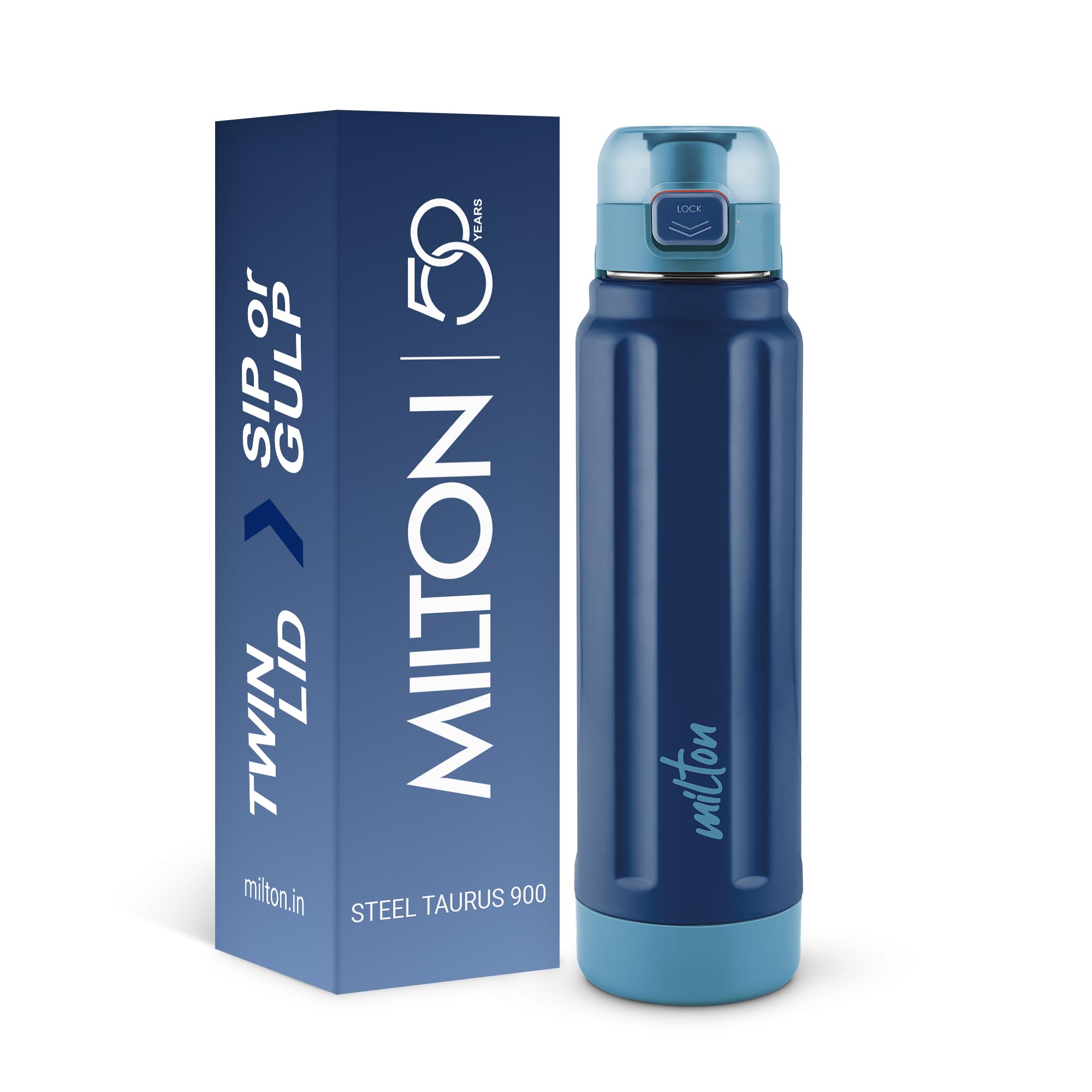 Milton Taurus 900 Steel Thermoware, Inner Stainless Steel, PU Insulated, Leak Proof Water Bottle for School Kids, Office, Gym, Easy to Carry Handle, 665 ml, Dark Blue