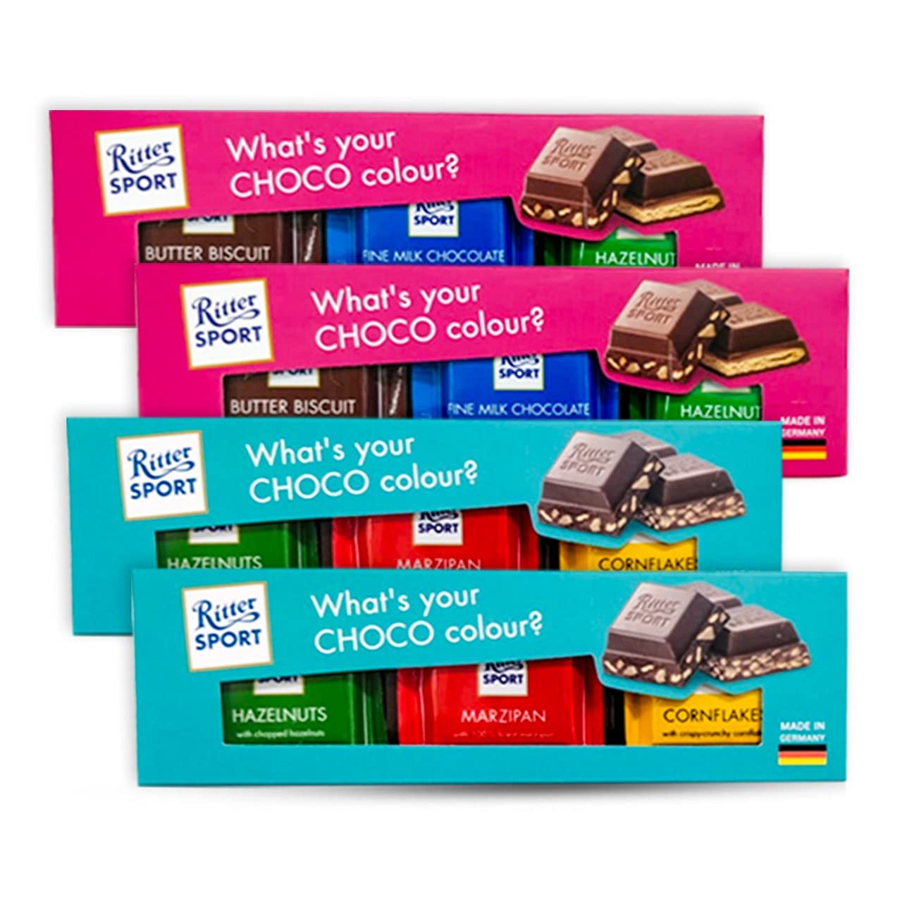 Ritter Sport Combo Pack 3 Pcs Mini Assorted Chocolates from Germany 50g - Pack of 4 (Cornflakes + Hazelnuts + Marzipan) & (Fine Milk + Hazelnuts + Butter Biscuit) |Nutritious and Nutty Crunch