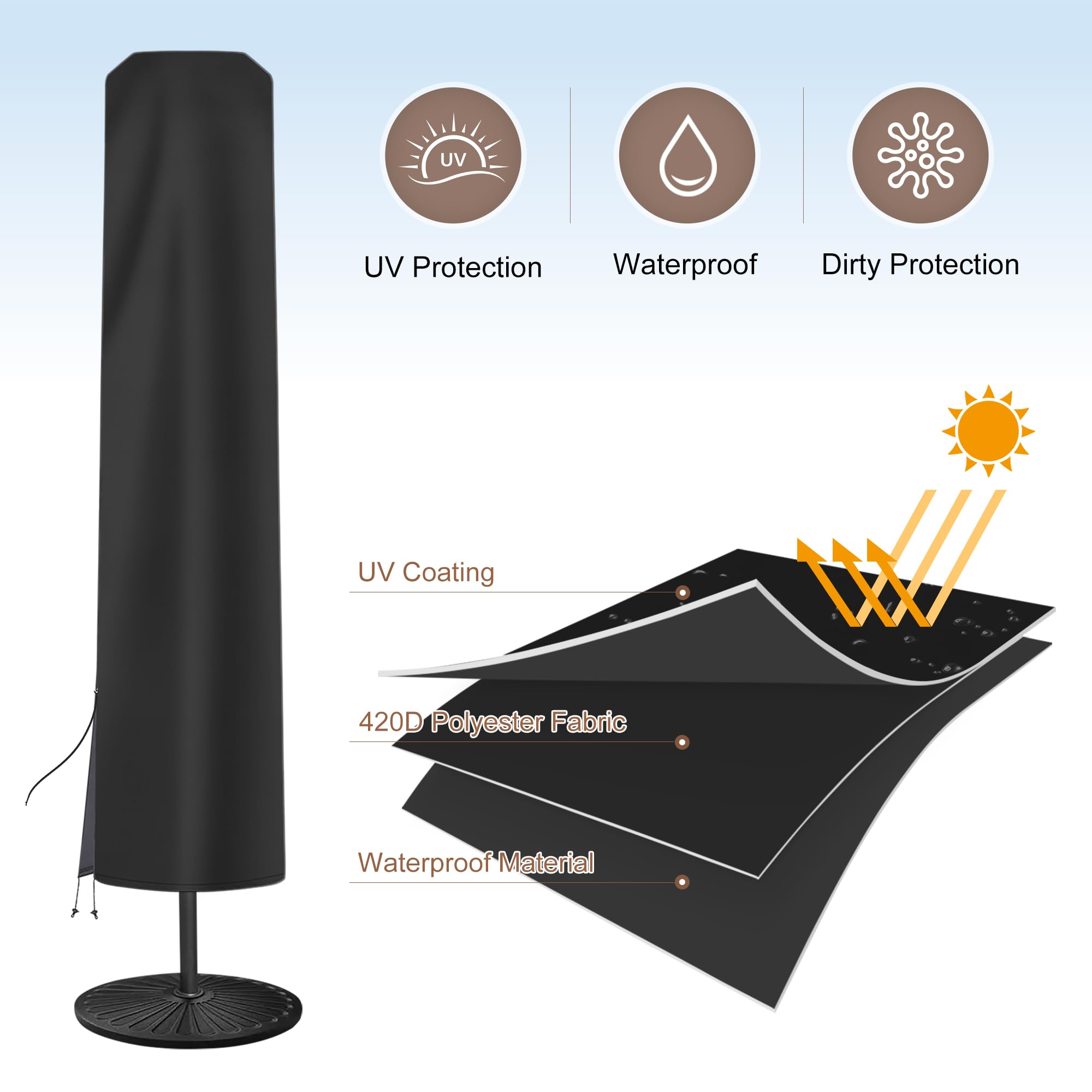AckMizz Patio Umbrella Cover for Outdoor Umbrella 6.5-11Ft, Black