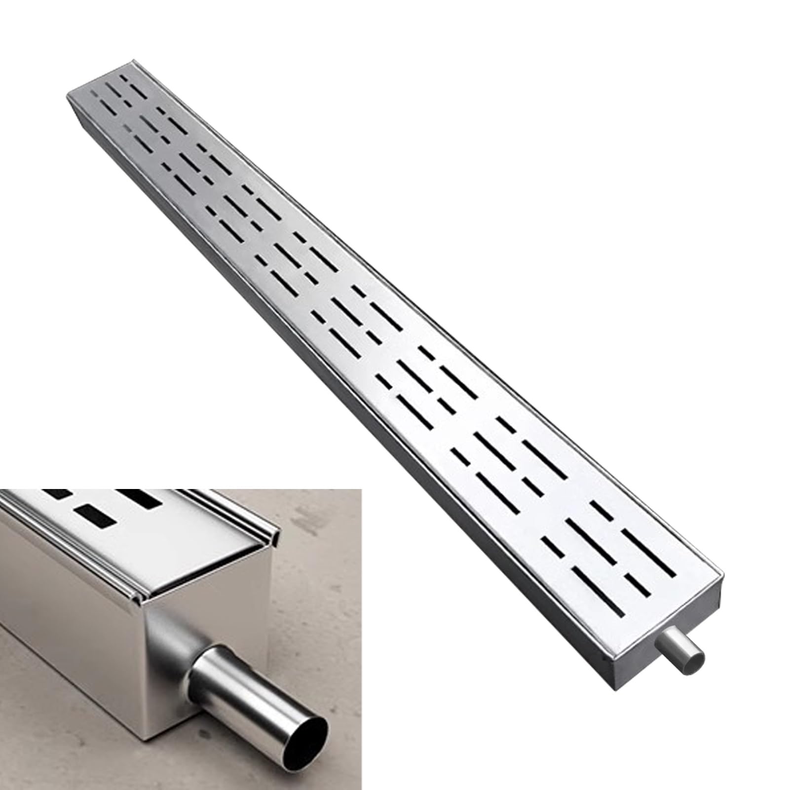 Blazea Channel Drain Kit with End/Outlet, Custom Trench Drainage System, Driveway Floor Water Diverter Trough Gutter, Stainless Steel Trench Drain(With Outlet,10x3cm(4x1 1/8"))