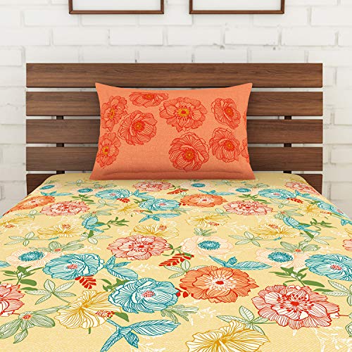 Image of Spaces Atrium Plus 210 TC 100% Cotton Single Bedsheet with 1 Pillow Cover (Floral, 60 inch X 88 inch Inches) - Beige