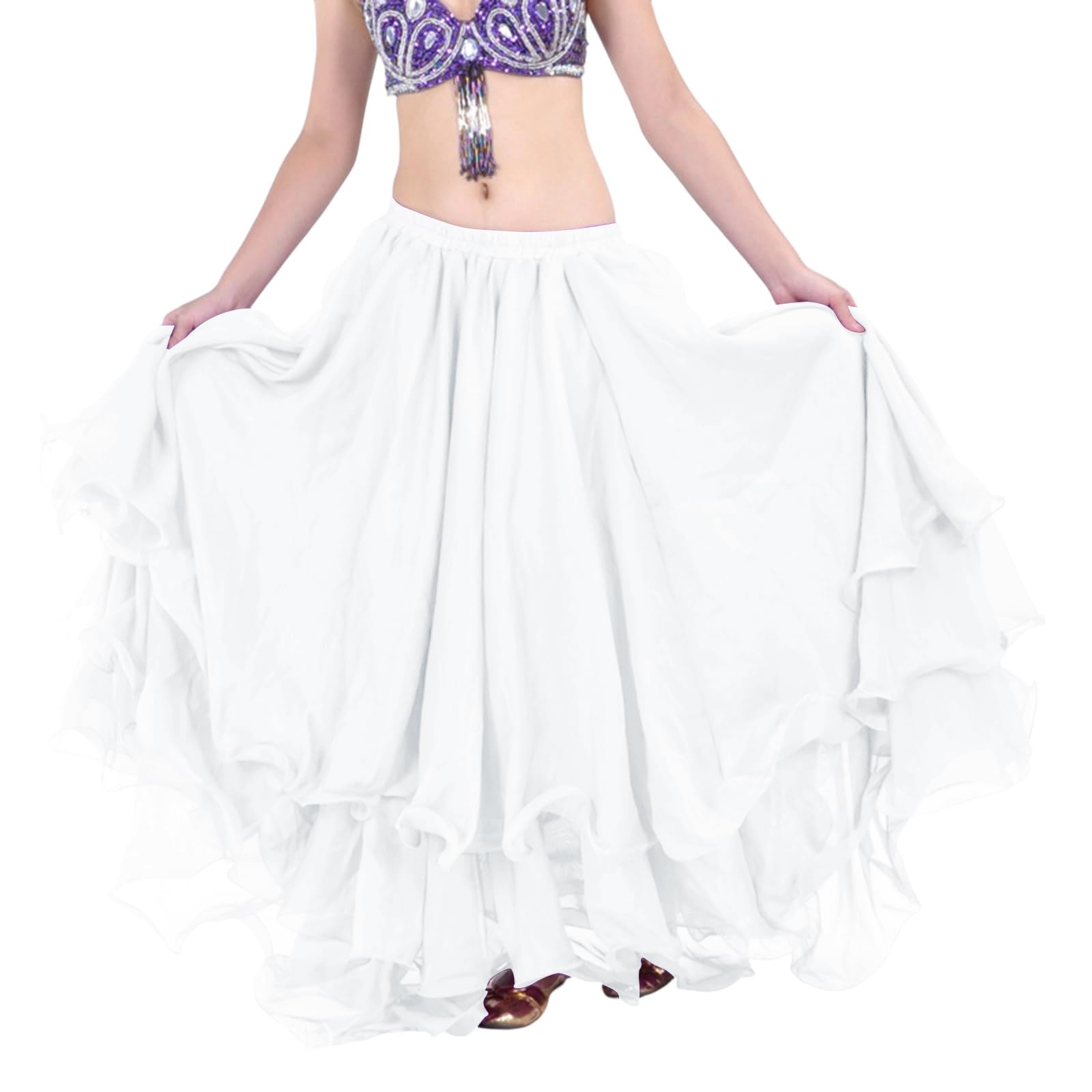 Gonna per danza del ventre in chiffon a 3 strati con orli arrotolati, leggera, svasata, in poliestere, costume da donna per danza del ventre