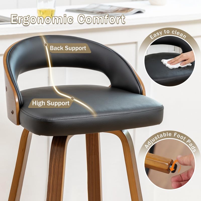 Set de 2 butacos giratorios de altura para barra, 30 pulgadas, con respaldo curvo de madera doblada y asientos tapizados, estilo moderno de mediados de siglo para cocina/barra en casa/café, color negro miniatura 4